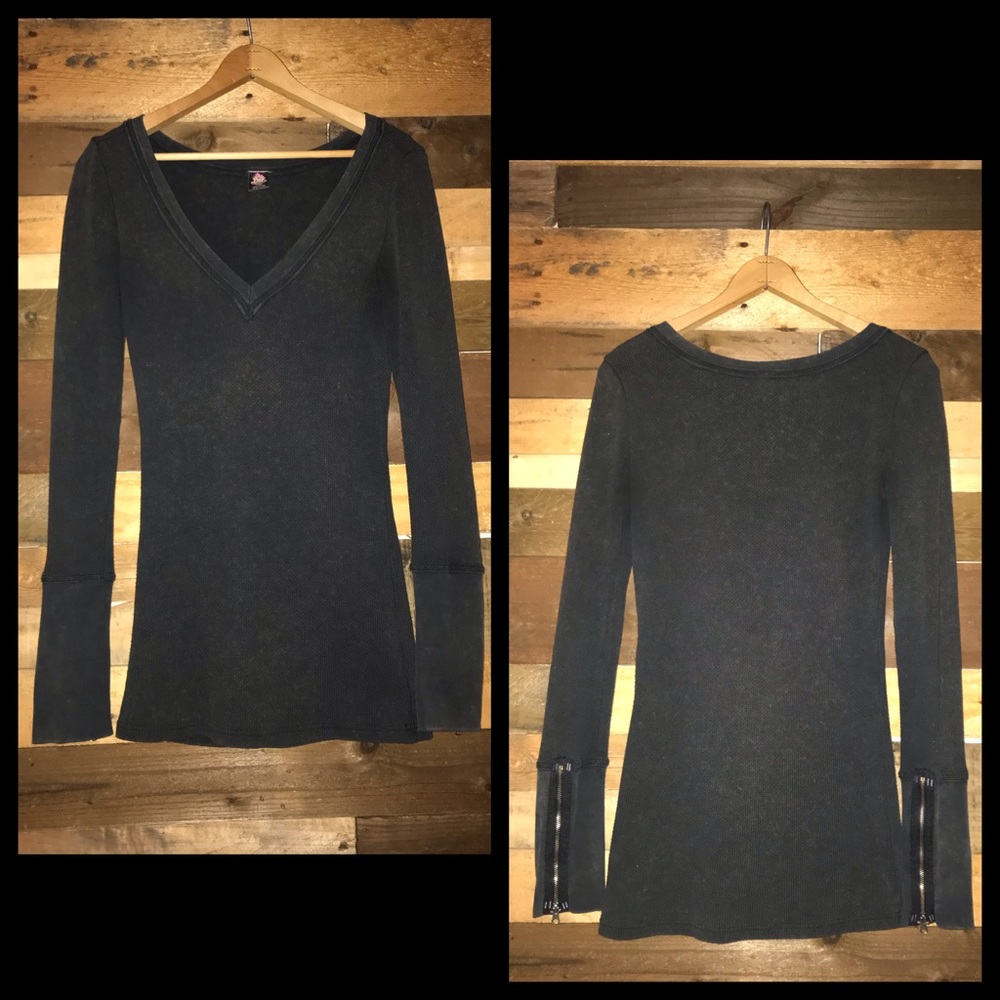 Free People Charcoal Zipper Cuff Waffle Thermal - Picture 2 of 8